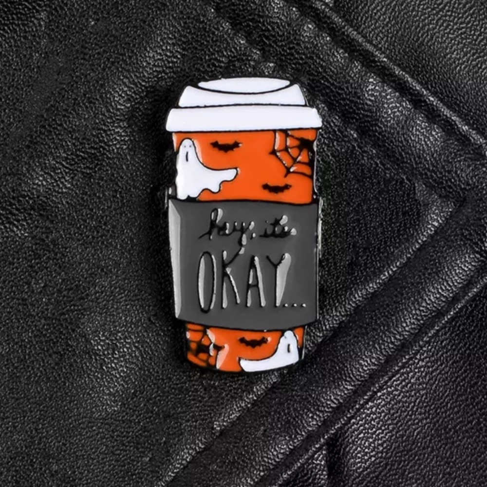 1 LEFT‼️ Hey It’s Okay Coffee Cup Enamel Pin Halloween Brooch Ghost Starbucks - Picture 2 of 7